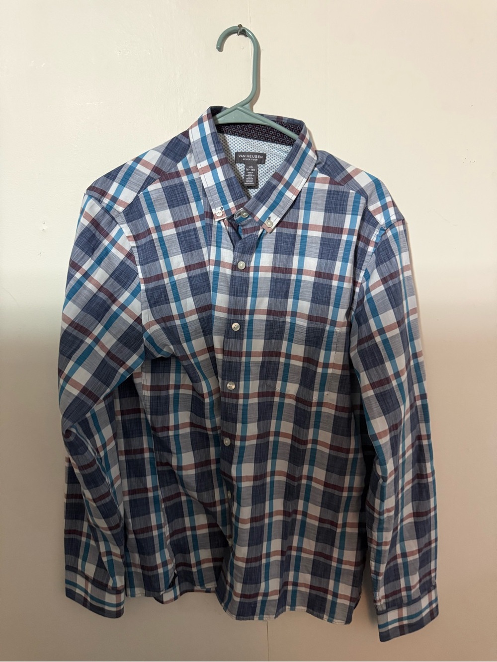 Van Heusen Men's Blue, White & Brown Plaid Button-Down Shirt